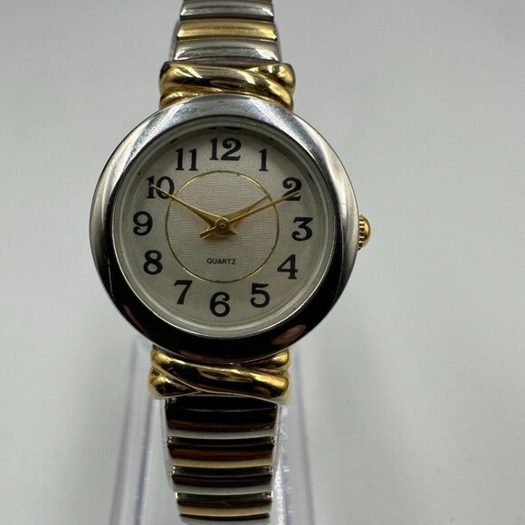 Watch Women Two Tone Gold Silver Easy Read Dial Stretch Band Quartz Working - Picture 1 of 12